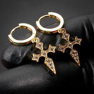 Men's Iced Gold 925 Sterling Silver Huggie Dagger Cross Dangle Hoop Earrings